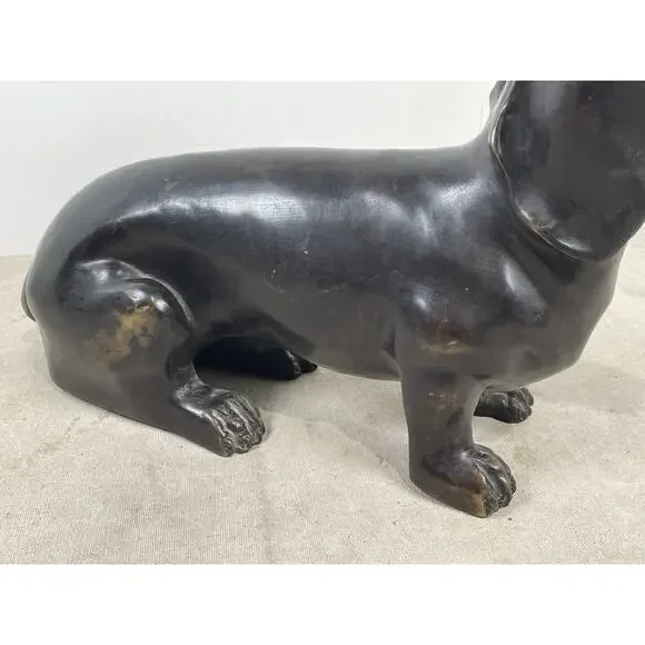 Dachshund Dog Sculpture Brass Metal Patina Life Size 16L 10H Seated Position
